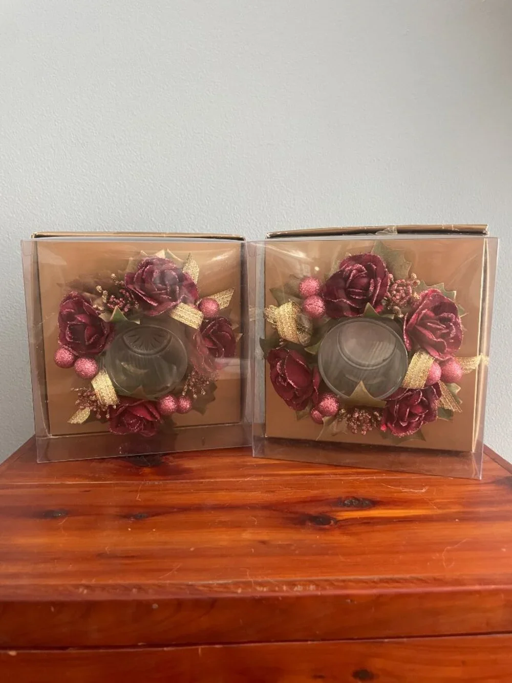 Set of 2 Votive Candle Holder Rings Floral Roses Cranberries Holly Christmas